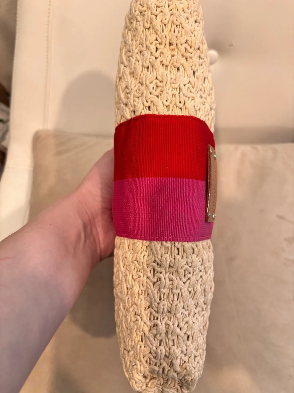 kate spade Cream Woven Clutch with Red and Pink Stripe